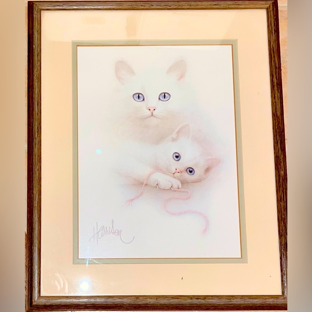 Bob Harrison Signed White Mother Cat and Kitten  “Family Portrait” Framed.
